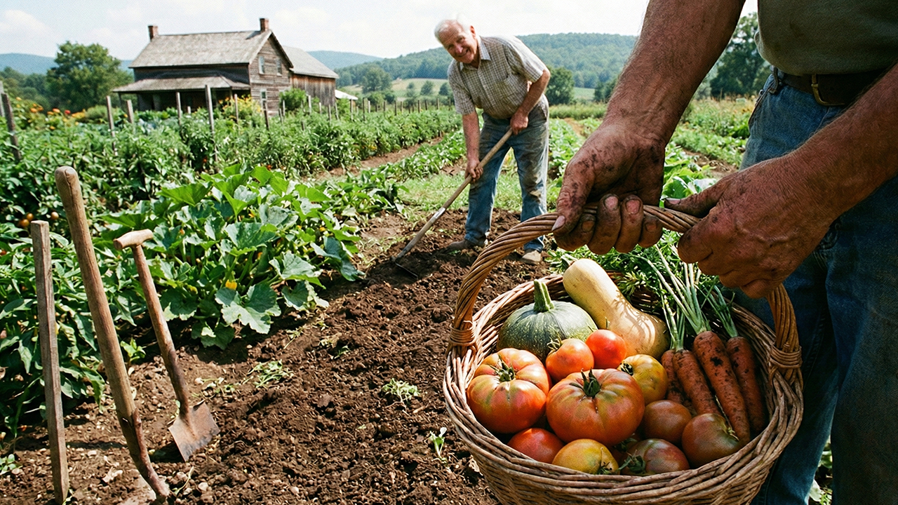 A person harvesting fresh vegetables into a basket while another tends to the garden bed.