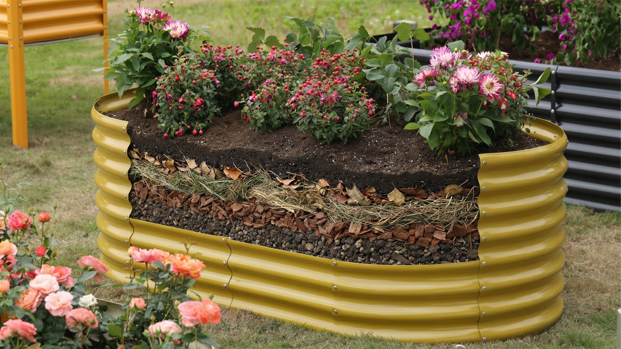 A raised garden bed filled with layered soil and mulch, supporting blooming flowers in an outdoor garden setting.