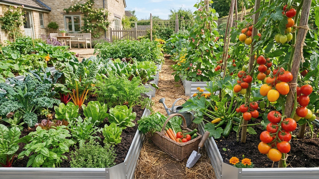 Raised garden beds with tomatoes and vegetables