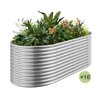 10-pack oval galvanized raised garden bed, 36" tall, corrugated metal structure filled with lush plants and flowers.