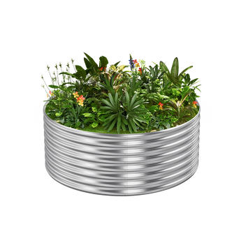 Galvanized steel corrugated raised garden bed overflowing with lush green plants and vibrant flowers.