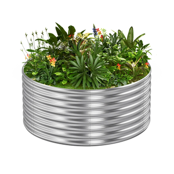 24" round galvanized raised garden bed filled with lush plants and flowers.