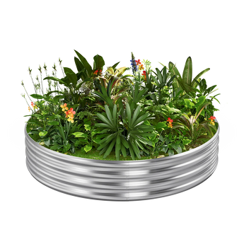 12" galvanized round raised garden bed filled with lush green plants and colorful flowers.