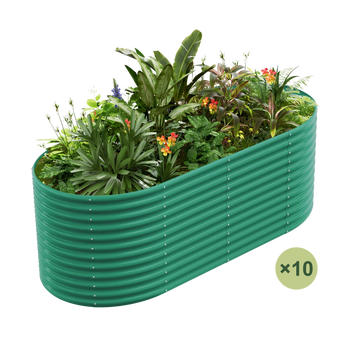 10-Pack 36" Tall Oval Galvanized Raised Garden Bed filled with lush plants and flowers.