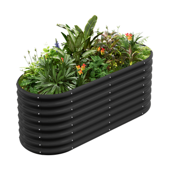 24" Tall oval black corrugated raised garden bed filled with plants and flowers