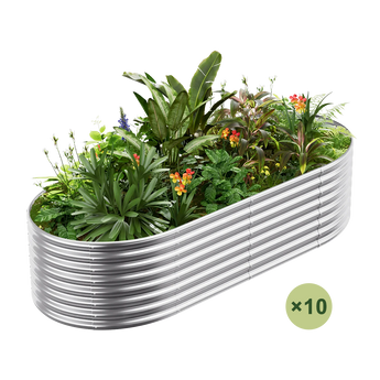 10-pack galvanized oval raised garden bed with vibrant plants and flowers