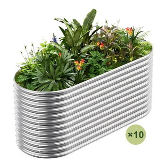 10-pack oval galvanized raised garden bed filled with lush plants.