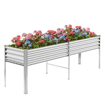 8x2x2.7ft galvanized raised garden bed with legs filled with pink, red, and blue hydrangeas.
