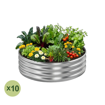 Land Guard 10-pack 2 ft diameter round raised garden beds, 12 inches tall, Starlight Silver