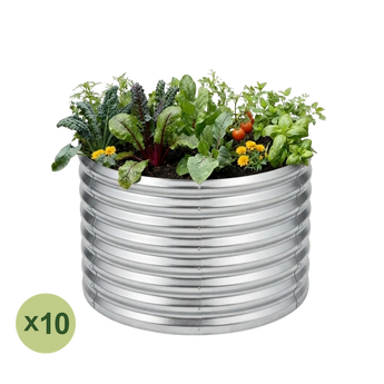 Land Guard 10-pack 2 ft diameter round raised garden beds, 24 inches tall, Starlight Silver