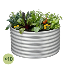 Land Guard 10-pack 3 ft diameter round raised garden beds, 24 inches tall, Starlight Silver