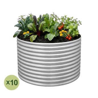 Land Guard 10-pack 3 ft diameter round raised garden beds, 36 inches tall, Starlight Silver