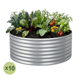 Land Guard 10-pack 4 ft diameter round raised garden beds, 24 inches tall, Starlight Silver