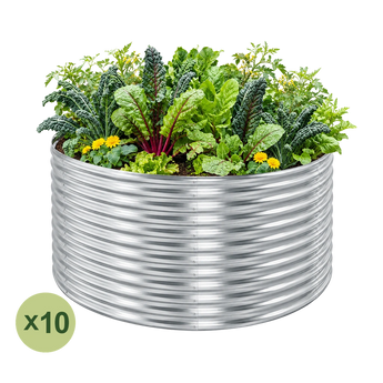 Land Guard 10-pack 4 ft diameter round raised garden beds, 36 inches tall, Starlight Silver