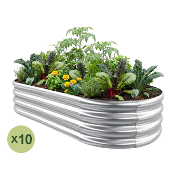 Land Guard 10-pack 4x2 ft oval raised garden beds, 12 inches tall, Starlight Silver