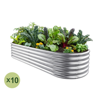 Land Guard 10-pack 6x3 ft oval raised garden beds, 18 inches tall, Starlight Silver