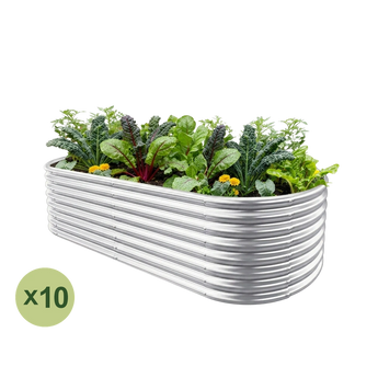 Land Guard 10-pack 6x3 ft oval raised garden beds, 24 inches tall, Starlight Silver