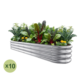Land Guard 10-pack 8x2 ft oval raised garden beds, 12 inches tall, Starlight Silver