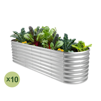 Land Guard 10-pack 8x2 ft oval raised garden beds, 24 inches tall, Starlight Silver