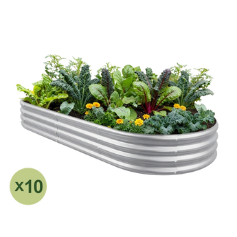 Land Guard 10-pack 8x4 ft oval raised garden beds, 12 inches tall, Starlight Silver