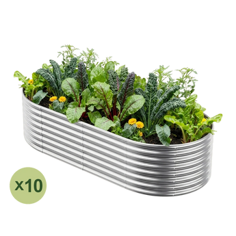 Land Guard 10-pack 8x4 ft oval raised garden beds, 24 inches tall, Starlight Silver