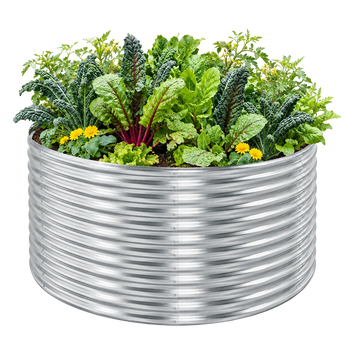 Land Guard 36" Tall x 48" Diameter Round galvanized metal raised garden bed in Starlight Silver planted with vegetables and flowers