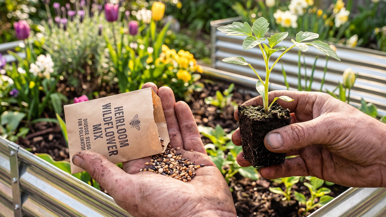 A packet of Heritage Seed Co. seeds and a potted plant transplant on a wooden garden table with a trowel.