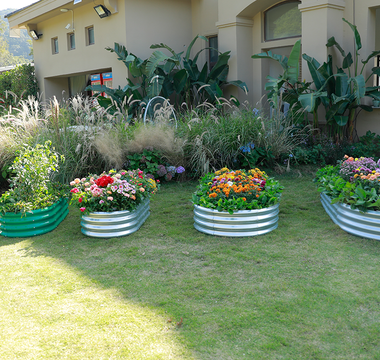 A well-designed garden with raised planting beds filled with vibrant flowers and greenery.