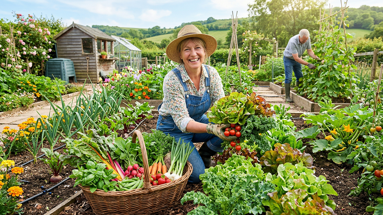 A smiling woman harvesting fresh vegetables next to a woven basket in a lush garden bed while a man tends to plants in the background.