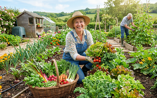 A smiling woman harvesting fresh vegetables next to a woven basket in a lush garden bed while a man tends to plants in the background.