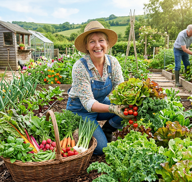 A smiling woman harvesting fresh vegetables next to a woven basket in a lush garden bed while a man tends to plants in the background.