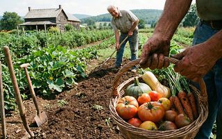 A person harvesting fresh vegetables into a basket while another tends to the garden bed.