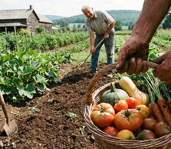 A person harvesting fresh vegetables into a basket while another tends to the garden bed.