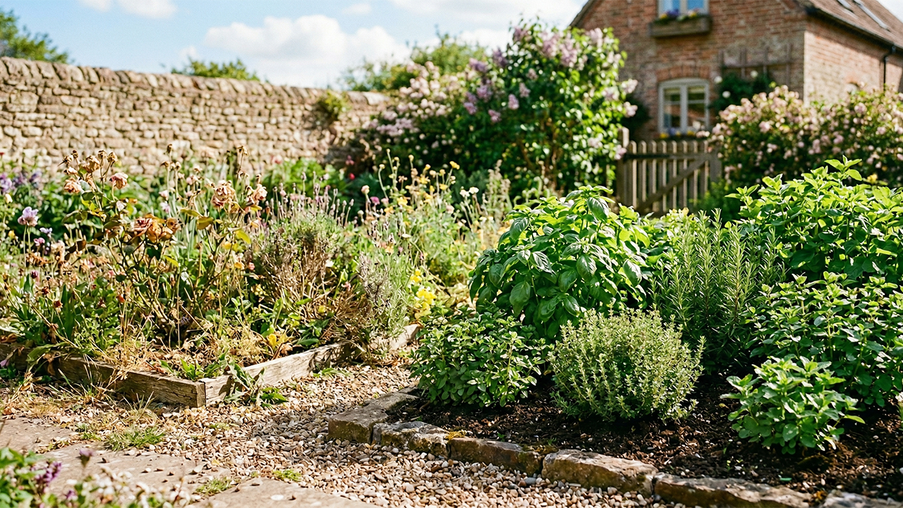 A sunny garden with various herbs and plants growing along a stone wall, with a rustic brick house in the background.
