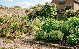 A sunny garden with various herbs and plants growing along a stone wall, with a rustic brick house in the background.