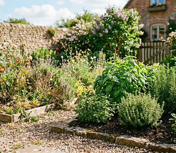 A sunny garden with various herbs and plants growing along a stone wall, with a rustic brick house in the background.