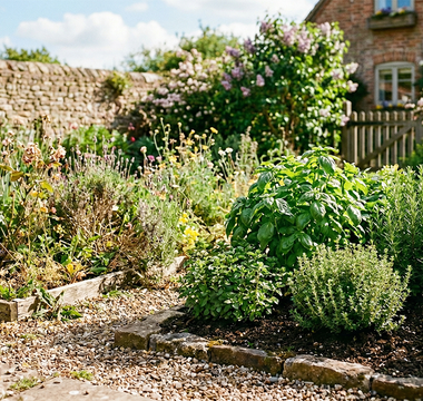 A sunny garden with various herbs and plants growing along a stone wall, with a rustic brick house in the background.