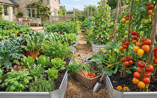 Raised garden beds with tomatoes and vegetables