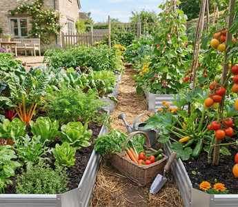 Raised garden beds with tomatoes and vegetables