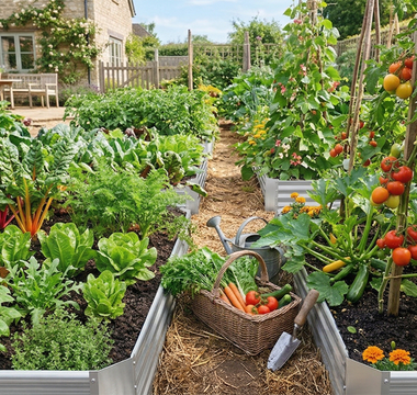 Raised garden beds with tomatoes and vegetables