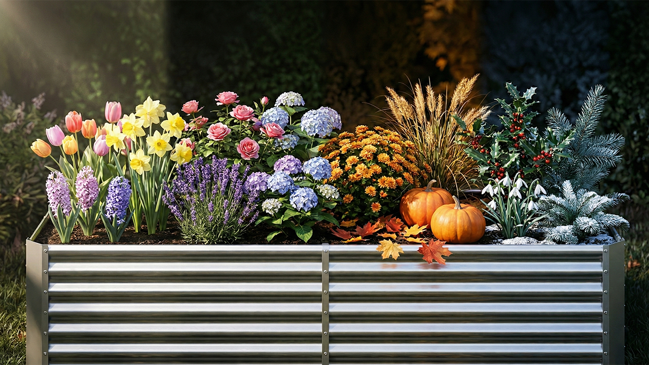 A vibrant and diverse garden display featuring an assortment of colorful flowers, plants, and seasonal decor in raised planting beds.