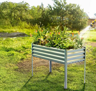 Gardener watering a raised garden bed with legs outdoors