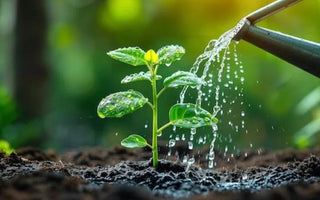 A small plant in soil being gently watered with a watering can.