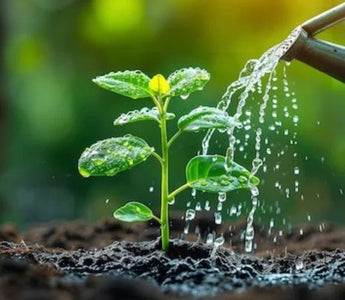 A small plant in soil being gently watered with a watering can.