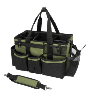 Green and black garden tool storage bag with exterior pockets and shoulder strap