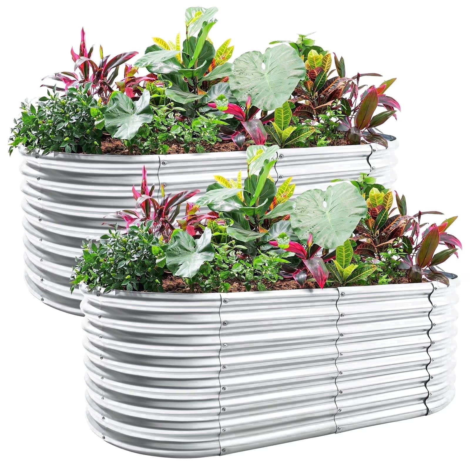 2-Pack 8×4×2ft Raised Garden Bed Outdoor Galvanized Planter Boxes Oval Large Metal Raised Garden Beds for Vegetables (Sliver)