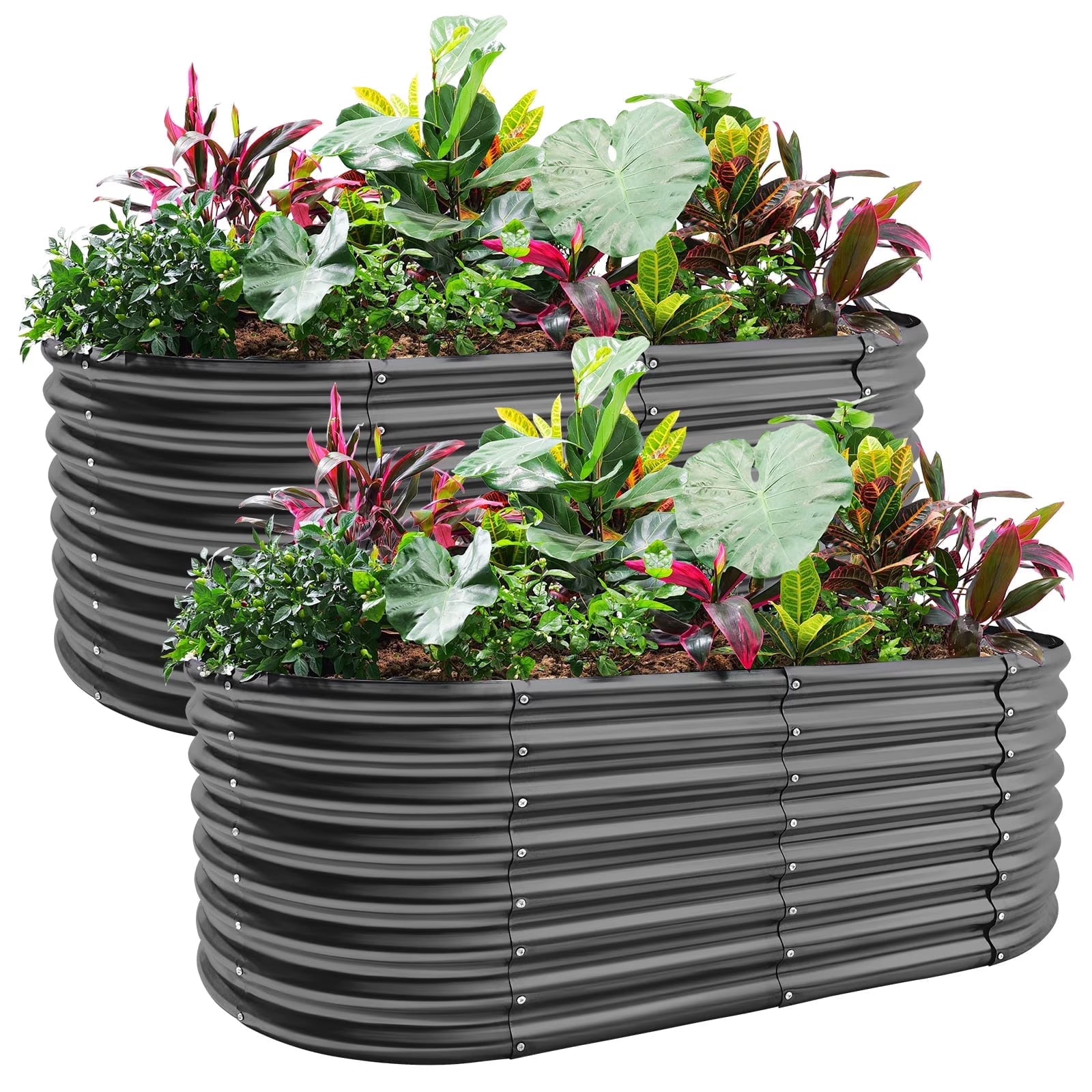 2-Pack 8×4×2ft Raised Garden Bed，Outdoor Galvanized Planter Boxes, Oval Large Metal Raised Garden Beds for Vegetables (Nardo Grey)