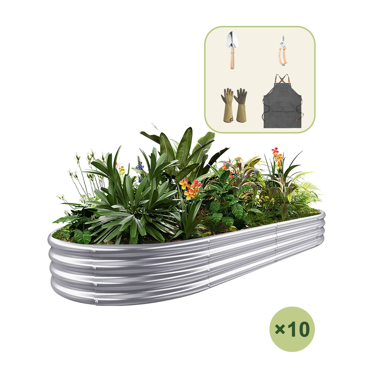10-Pack 12" Tall Oval 8x4x1ft Galvanized Raised Garden Bed+Gardening Gift Pack