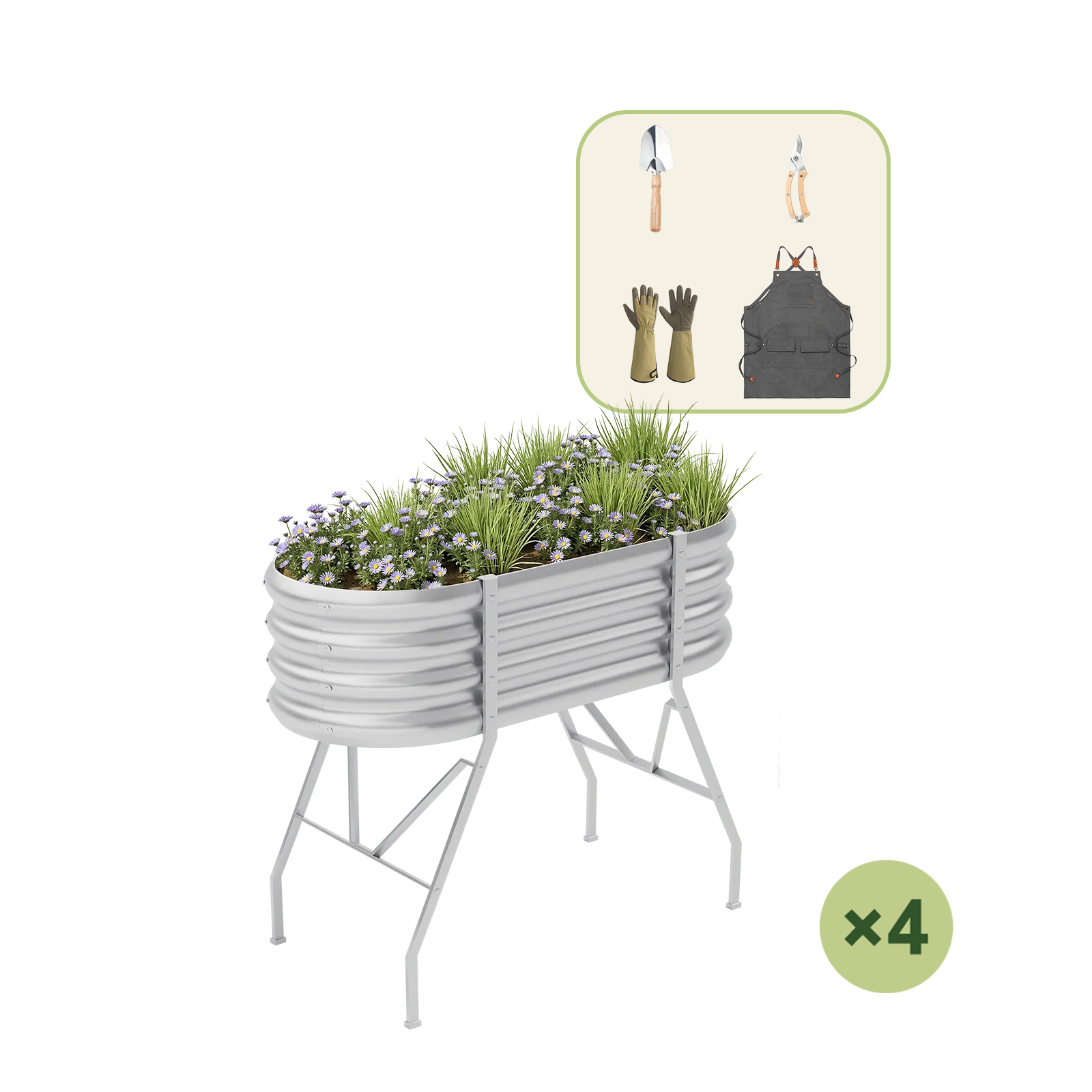 4-Pack 4x2x2.7ft Oval Galvanized Raised Garden Bed with Legs+Gardening Gift Pack