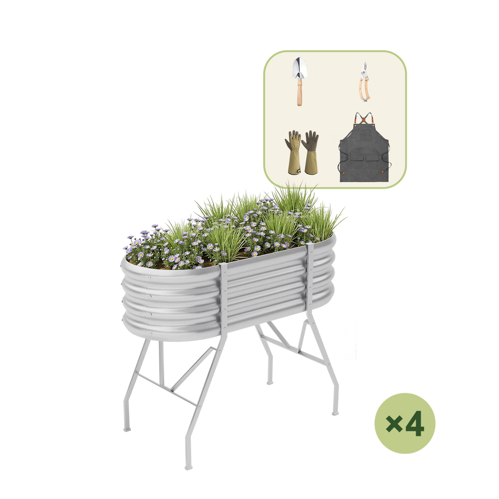 4-Pack 4x2x2.7ft Oval Galvanized Raised Garden Bed with Legs+Gardening Gift Pack